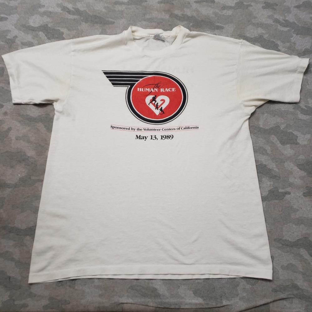Vintage Hanes Human Race Running Shirt Mens XL White Single Stitch Short Sleeve